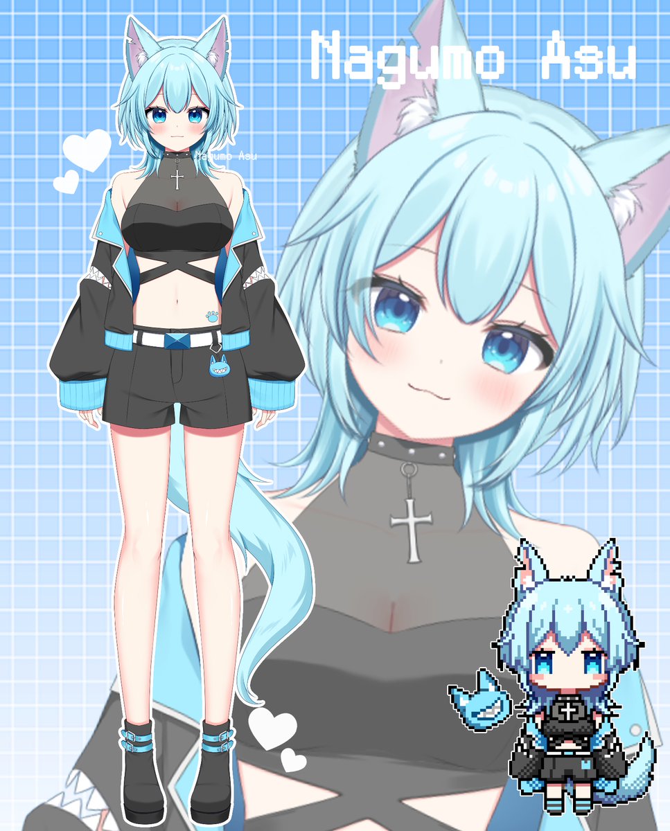 1girl :3 aliasing animal_ear_fluff animal_ears artist_self-insert bandeau bare_shoulders belt belt_buckle black_bandeau black_collar black_footwear black_jacket black_shorts blue_background blue_belt blue_eyes blue_hair blue_jacket blue_tail blush blush_stickers breasts buckle character_name cleavage closed_mouth collar commentary_request covered_collarbone creature cross eyes_visible_through_hair fox_ears fox_girl fox_tail grid grid_background heart highres indie_virtual_youtuber jacket latin_cross long_sleeves looking_at_viewer medium_breasts midriff multiple_views nagumo_asu navel no_mouth no_nose off_shoulder official_art open_clothes open_jacket outline pixel_art puffy_sleeves shinonome_asu shoes shorts sleeves_past_wrists smile standing tail two-sided_fabric two-sided_jacket virtual_youtuber white_belt white_outline