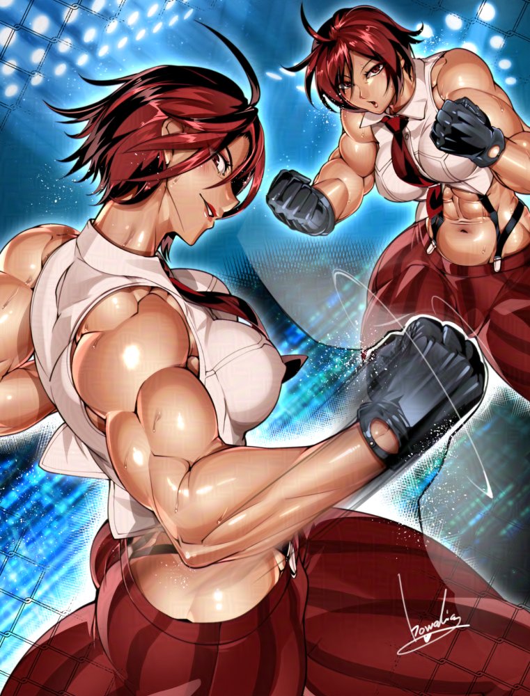 1girl abs alternate_muscle_size ass bare_shoulders biceps black_gloves bowalia boxing breasts crop_top cropped_shirt fighting_stance gloves large_breasts lips lipstick looking_at_viewer makeup mature_female midriff muscular muscular_female navel necktie obliques open_mouth pants pinstripe_pants pinstripe_pattern red_eyes red_hair red_necktie shirt short_hair signature sleeveless smile snk solo striped_clothes striped_pants suspenders the_king_of_fighters the_king_of_fighters_xiv thick_thighs thighs toned vanessa_(kof) vertical-striped_clothes vertical-striped_pants