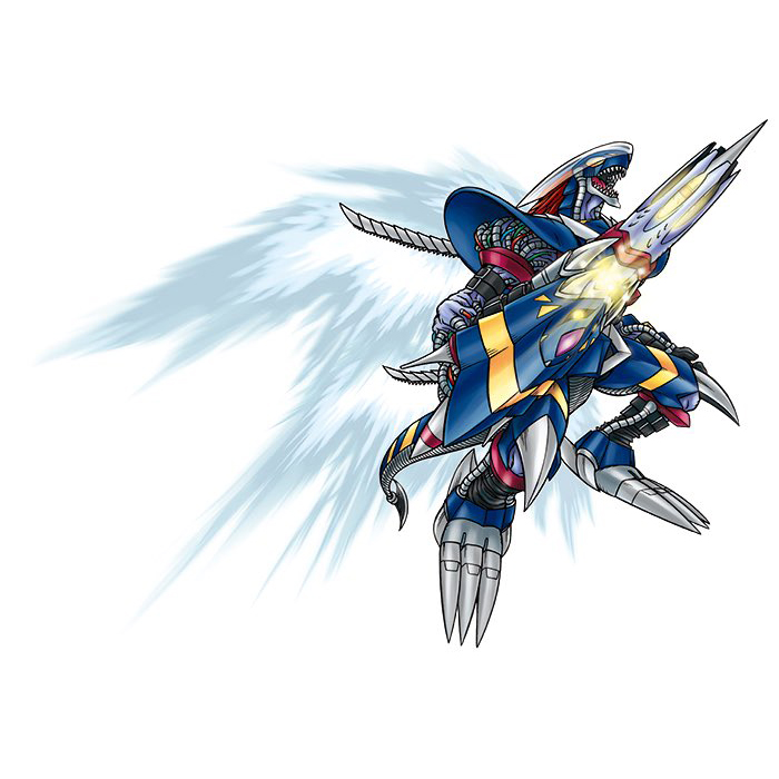 android bandai darkdramon digimon digimon_(creature) dragon dragon_tail full_body gauntlets glowing glowing_wings helmet lance looking_at_viewer mechanical_arms mechanical_wings neon_lights official_art open_mouth polearm sharp_teeth simple_background solo tail teeth weapon wings