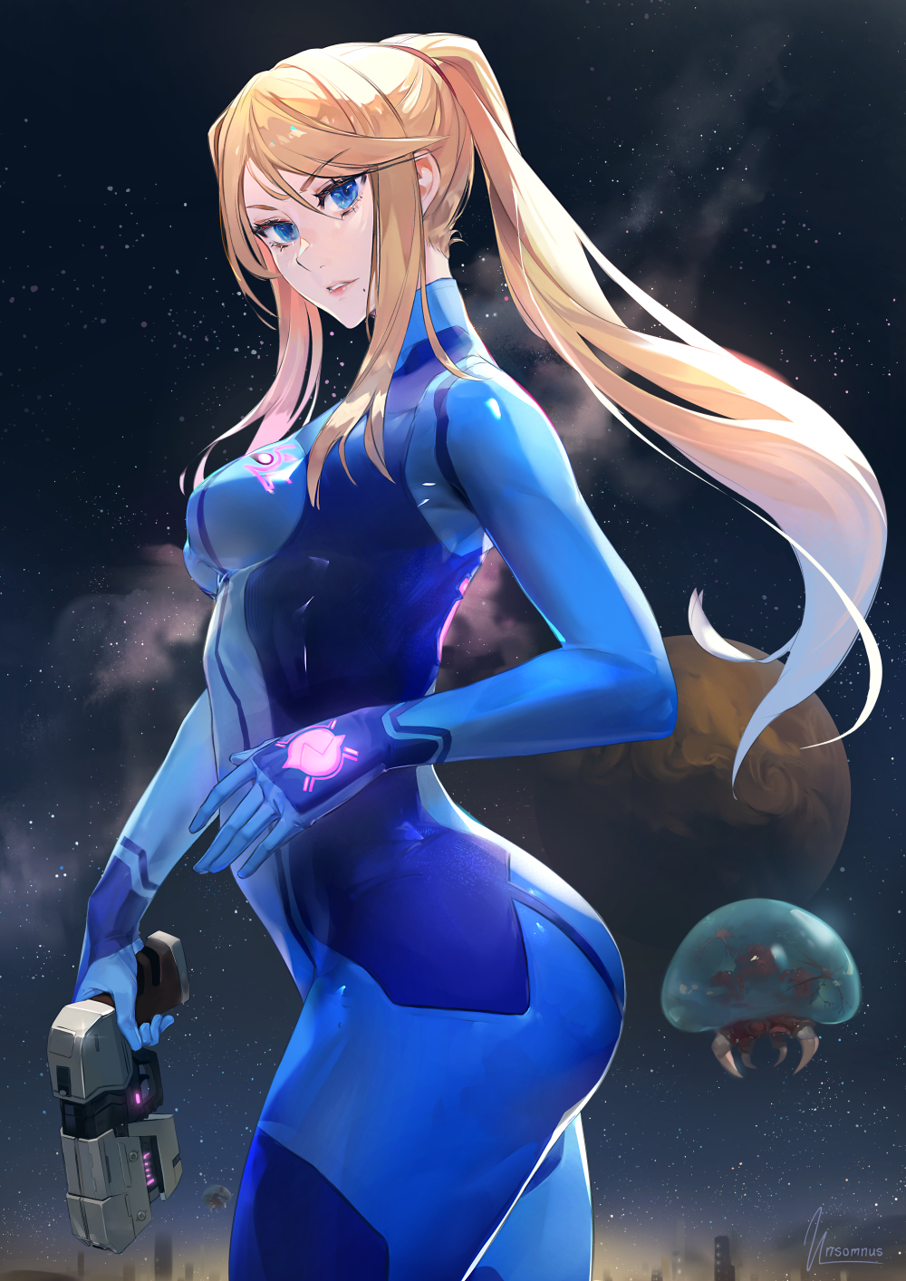 1girl alien ass blonde_hair blue_bodysuit blue_eyes bodysuit breasts cowboy_shot eyelashes floating from_side glowing glowing_clothes high_ponytail highres holding holding_weapon lips long_hair looking_at_viewer medium_breasts metroid metroid_(creature) mole mole_under_mouth night night_sky nintendo outdoors paralyzer parted_lips planet samus_aran sidelocks skin_tight sky star_(sky) starry_sky swept_bangs turtleneck turtleneck_bodysuit unsomnus very_long_hair weapon zero_suit