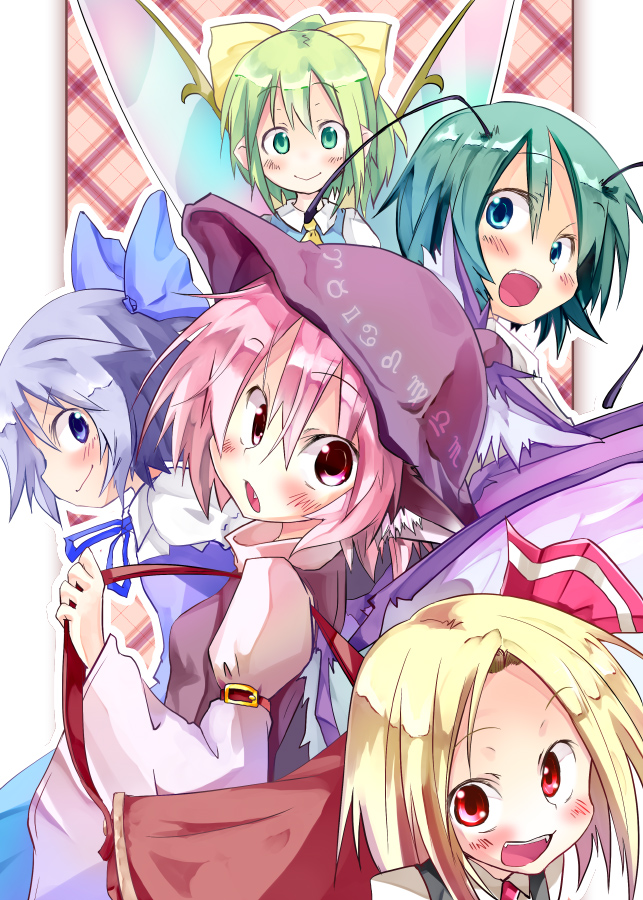 5girls animal_ears antennae blonde_hair bow cirno daiyousei green_hair hair_bow hat kuroneko_no_toorimichi multiple_girls mystia_lorelei pink_hair red_eyes rumia short_hair team_9_(touhou) touhou wings wriggle_nightbug zodiac