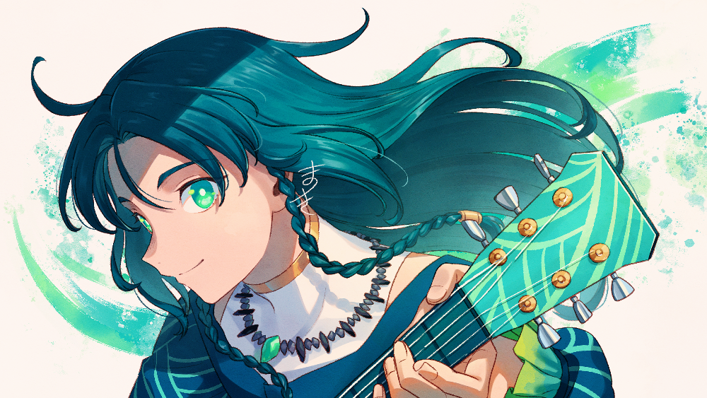 1girl acoustic_guitar aqua_hair braided_sidelock closed_mouth green_eyes guitar holding holding_guitar holding_instrument instrument jewelry long_hair long_sleeves looking_at_viewer matsuki_(mikipingpong) music necklace original playing_instrument signature smile solo upper_body