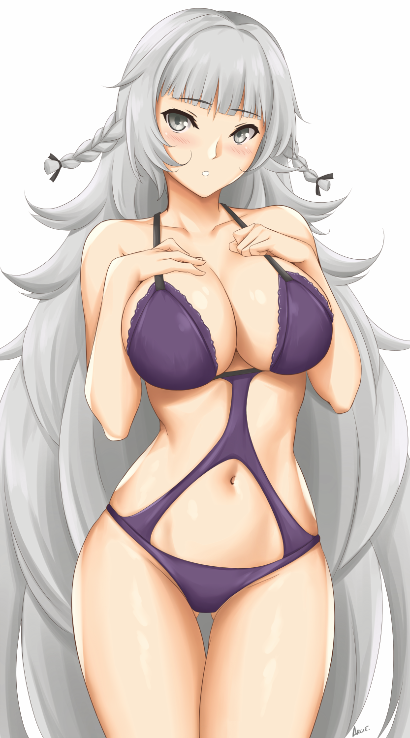 1girl arcie_albano azur_lane bare_shoulders bikini blunt_bangs blush braid breasts cleavage female_focus grey_eyes grey_hair highres large_breasts long_hair official_alternate_costume one-piece_swimsuit purple_bikini simple_background solo swimsuit tagme very_long_hair vittorio_veneto_(azur_lane) vittorio_veneto_(the_flower_of_la_spezia)_(azur_lane) white_background