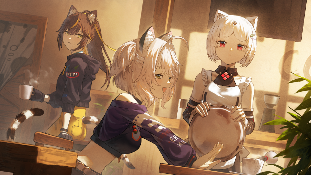 3girls animal_ear_fluff animal_ears apron arm_support ass black_gloves black_shirt black_sleeves blonde_hair breasts brown_eyes brown_hair cat_ears cat_fantasy cat_girl cat_tail character_request collared_shirt commentary_request crop_top cup detached_sleeves echo_tylers_(cat_fantasy) fagi_(kakikaki) frilled_apron frills gloves holding holding_cup holding_tray long_hair long_sleeves medium_breasts midriff multicolored_hair multiple_girls off_shoulder one_side_up outstretched_arms pants parted_lips ponytail puffy_long_sleeves puffy_sleeves purple_shirt red_eyes shiro_(cat_fantasy) shirt short_hair sleeveless sleeveless_shirt steam streaked_hair striped_tail tail tray white_apron white_hair yellow_pants