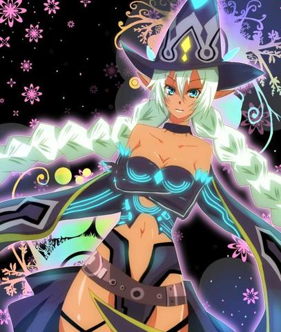 10s belt breasts cardfight!!_vanguard cleavage dark_skin gloves glowing green_eyes hat lowres midriff moonlight_witch_vaha shadow_paladin white_hair witch_hat