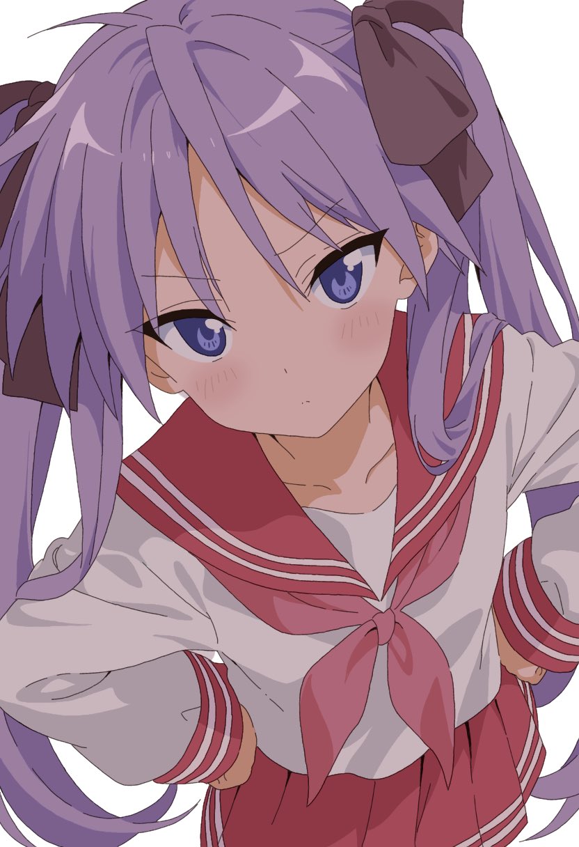 1girl blush bow breasts closed_mouth collarbone cross hair_ribbon hands_on_own_hips highres hiiragi_kagami long_hair long_sleeves looking_at_viewer lucky_star neckerchief nekokawa_isugi pleated_skirt purple_eyes purple_hair red_neckerchief red_ribbon red_sailor_collar red_serafuku red_skirt ribbon ryouou_school_uniform sailor_collar school_uniform serafuku simple_background skirt small_breasts solo twintails white_background