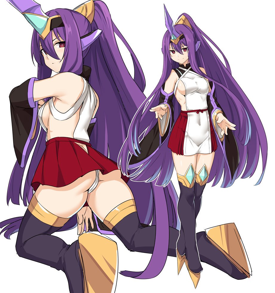 1girl ass bare_shoulders black_thighhighs blazblue boots breasts butt_crack commentary_request detached_sleeves hades_izanami hair_between_eyes kneeling long_hair looking_at_viewer medium_breasts multiple_views panties ponytail purple_hair red_eyes red_skirt shiseki_hirame simple_background skirt smile thigh_boots thighhighs underwear very_long_hair white_background white_panties