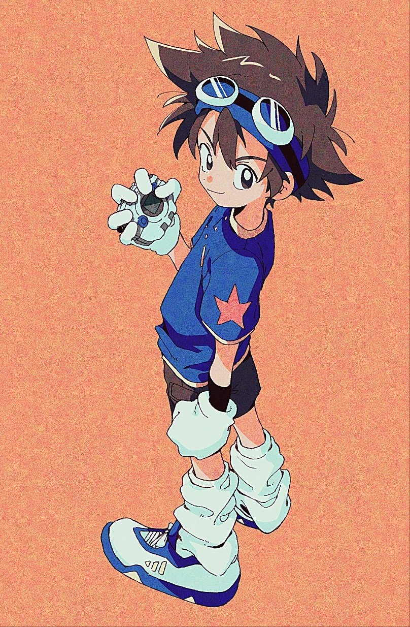 0gong7pang 1boy brown_eyes brown_hair brown_shorts child digimon digimon_adventure digivice gloves goggles goggles_on_head highres holding orange_background shorts simple_background smile solo star_(symbol) white_gloves yagami_taichi