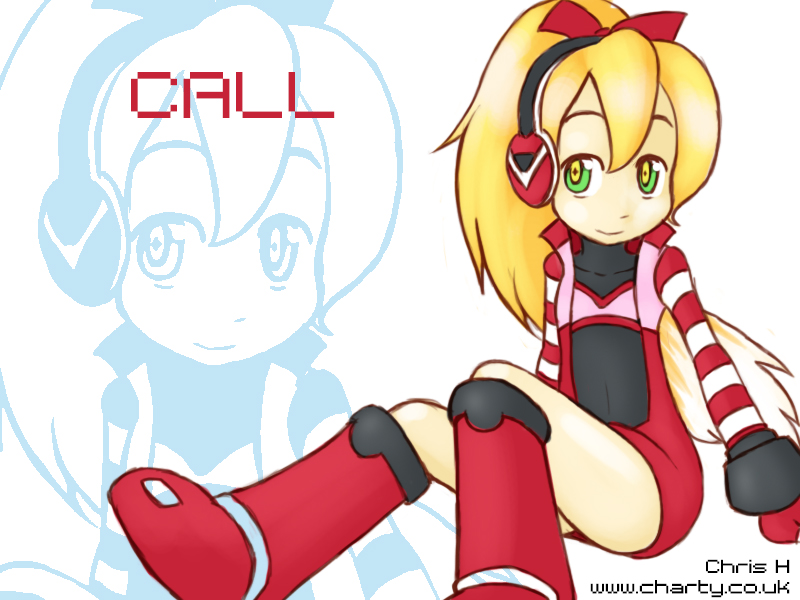 1girl blonde_hair boots call_(mighty_no._9) call_f christopher_hazeldine female_focus flat_chest green_eyes headphones knee_boots long_hair mighty_no._9 multicolored_eyes ponytail solo striped_sleeves watermark web_address yellow_eyes zoom_layer