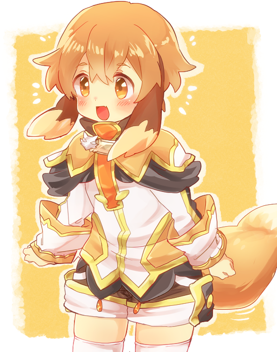 1boy animal_ears blush brown_hair dog_boy dog_ears dog_tail fang hair_between_eyes male_focus open_mouth pop-up_story short_hair skin_fang smile solo tail thighhighs white_thighhighs yuuri_lessen