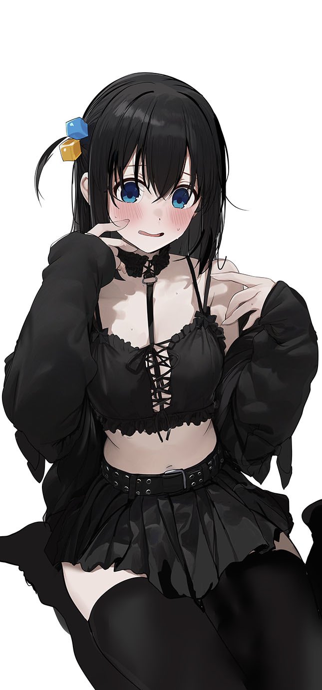 1girl alternate_hair_color black_bra black_hair black_skirt black_sleeves black_thighhighs blue_eyes blush bocchi_the_rock! bra cube_hair_ornament frilled_bra frills goth_fashion gotoh_hitori hair_ornament hands_up highres long_hair miniskirt navel one_side_up open_mouth pleated_skirt rouka_(akatyann) shirt sitting skirt sleeveless sleeveless_shirt solo thighhighs underwear wariza zettai_ryouiki