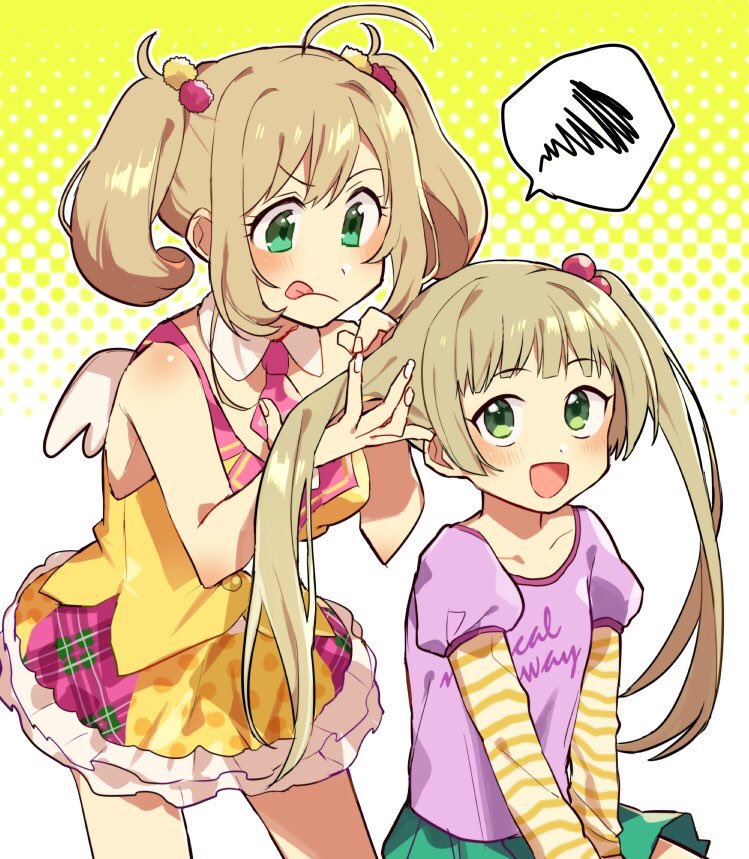 2girls ahoge bare_shoulders blush breasts brown_hair collar collarbone detached_collar dot_nose fake_wings flat_chest gradient_background green_eyes green_skirt hair_bobbles hair_ornament idolmaster idolmaster_cinderella_girls idolmaster_cinderella_girls_starlight_stage large_breasts layered_sleeves long_hair long_sleeves looking_at_another miniskirt multiple_girls necktie open_mouth pink_necktie plaid_clothes plaid_skirt pleated_skirt polka_dot polka_dot_background polka_dot_skirt ponpoko purple_shirt sato_shin shirt sitting skirt sleeveless sleeveless_shirt speech_bubble standing striped_sleeves tongue tongue_out twintails two-tone_skirt tying_another&#039;s_hair v-shaped_eyebrows white_collar wings yellow_background yellow_shirt yellow_sleeves yokoyama_chika