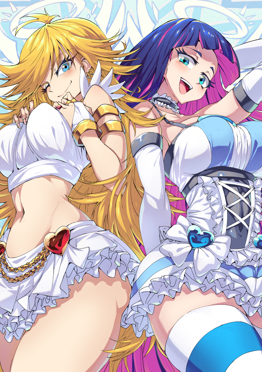 2girls aqua_eyes blonde_hair blue_eyes blue_hair breast_suppress breasts choker closed_mouth colored_inner_hair cowboy_shot dress frilled_choker frilled_dress frills from_below halo hands_up highres jewelry large_breasts long_hair looking_at_viewer midriff miniskirt multicolored_hair multiple_girls one_eye_closed open_mouth panty_&amp;_stocking_with_garterbelt panty_(psg) purple_hair ring shimure_(460) skirt smile stocking_(psg) striped_clothes striped_thighhighs thighhighs underbust very_long_hair zettai_ryouiki