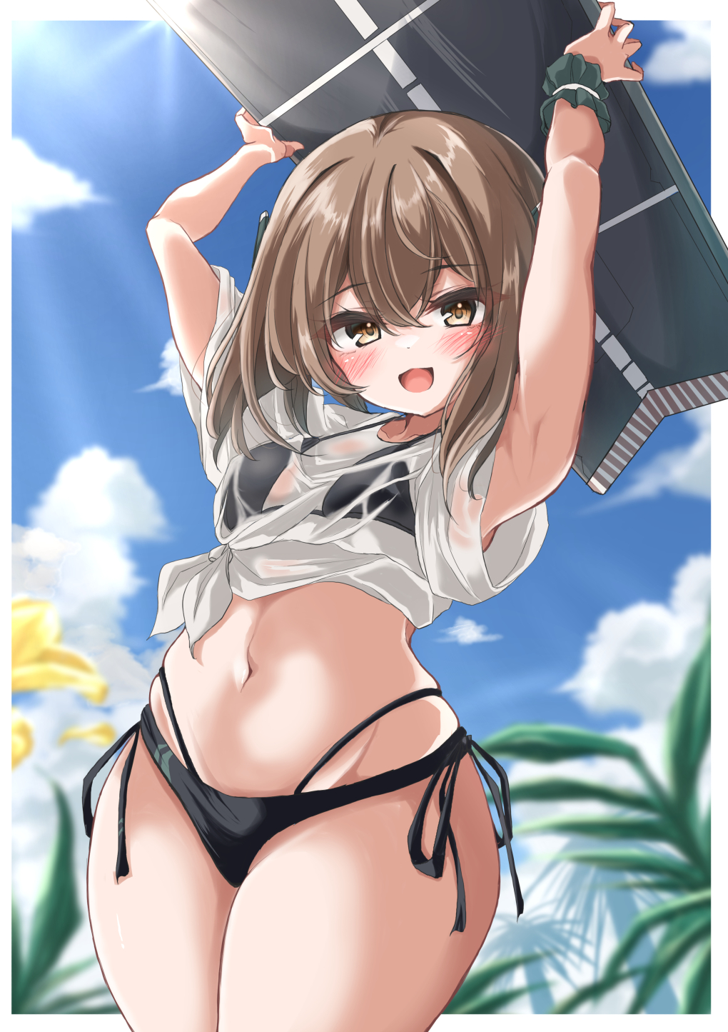 1girl adapted_object bikini black_bikini black_scrunchie blue_sky breasts brown_eyes brown_hair cloud commentary_request cowboy_shot day flight_deck hair_between_eyes highres kantai_collection kasashi_(kasasi008) looking_at_viewer multi-strapped_bikini_bottom navel outdoors plant scrunchie see-through_clothes see-through_shirt shirt short_hair side-tie_bikini_bottom sky small_breasts smile solo surfboard swimsuit taihou_(kancolle) tied_shirt wet wet_clothes wet_shirt white_shirt wide_hips wrist_scrunchie