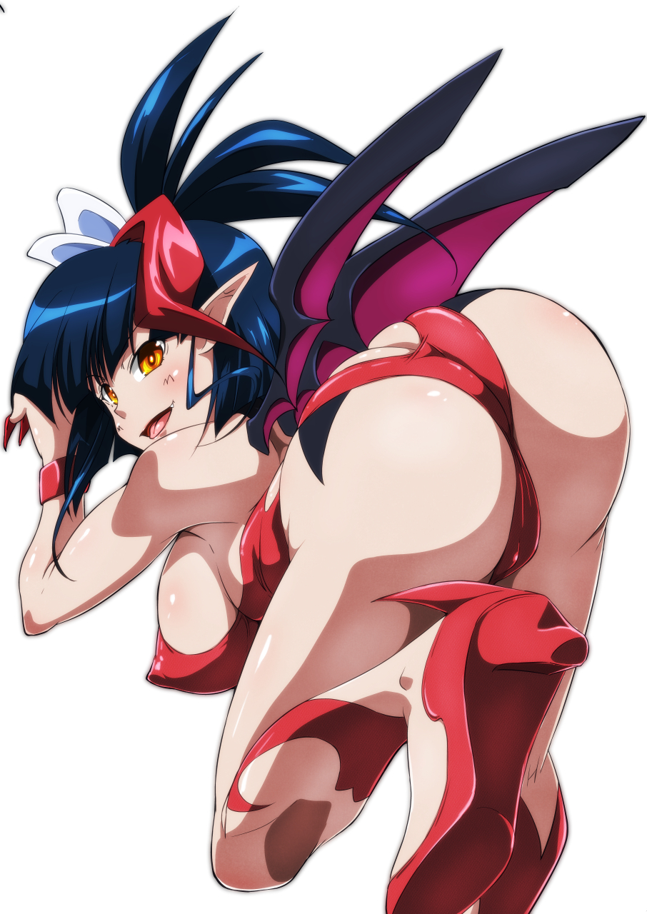 1girl ass bat_wings black_hair blush breasts butt_crack cameltoe covered_erect_nipples fang fingernails highres large_breasts long_fingernails millaarc multicolored_hair nail_polish open_mouth pointy_ears red_hair senki_zesshou_symphogear simple_background solo tappa_(esperanza) white_background wings yellow_eyes