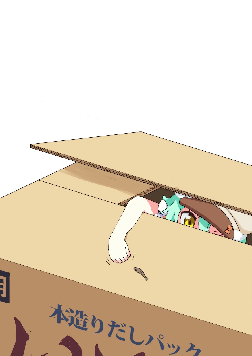 1girl box cacao_(nekopara) cardboard_box cat_girl child commentary_request dried_fish gobanme_no_mayoi_neko green_hair hair_between_eyes hat highres in_box in_container nekopara nekopara_anime outstretched_arm paw_pose peaked_cap simple_background solo white_background yellow_eyes