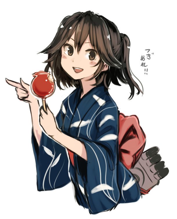 10s 1girl :d alternate_costume blue_kimono brown_eyes brown_hair candy_apple commentary_request female_focus food hair_between_eyes japanese_clothes kantai_collection kimono long_hair long_sleeves looking_at_viewer obi open_mouth pointing round_teeth sash sendai_(kancolle) simple_background smile solo teeth terrajin torpedo translated upper_body white_background wide_sleeves yukata