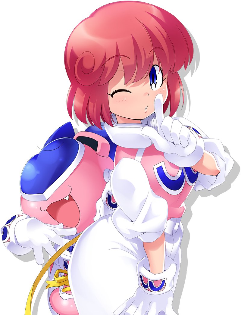 1girl :3 blue_eyes blush bombergirl breasts cowboy_shot fang finger_to_mouth fuse_tail gloves index_finger_raised looking_at_viewer non-web_source official_art one_eye_closed pants parted_lips pastel_(twinbee) pink_hair pink_shirt print_shirt puffy_short_sleeves puffy_sleeves robot shirt shoelaces shoes short_hair short_sleeves shushing simple_background sneakers thick_thighs thighs twinbee white_background white_gloves white_pants wide_hips winbee