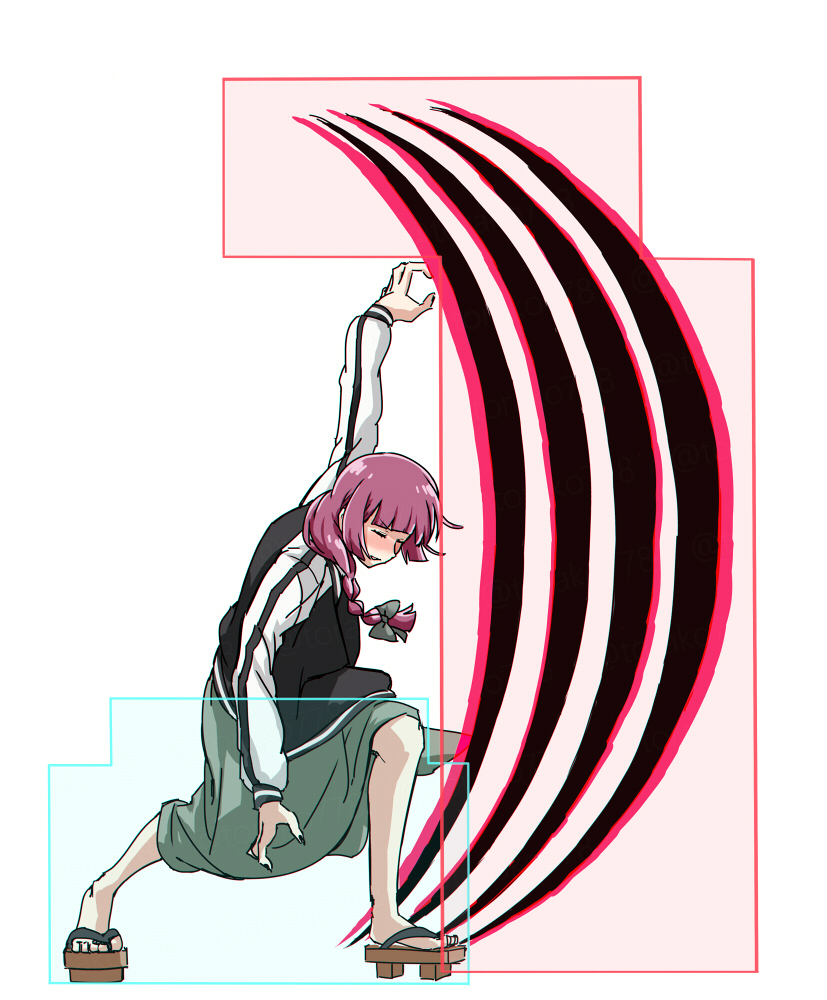 1girl attack black_jacket bocchi_the_rock! braid closed_eyes dress fighting_game full_body geta green_dress hiroi_kikuri hitbox hokuto_no_ken jacket purple_hair shin_(hokuto_no_ken) simple_background solo torako_(toramaru) white_background