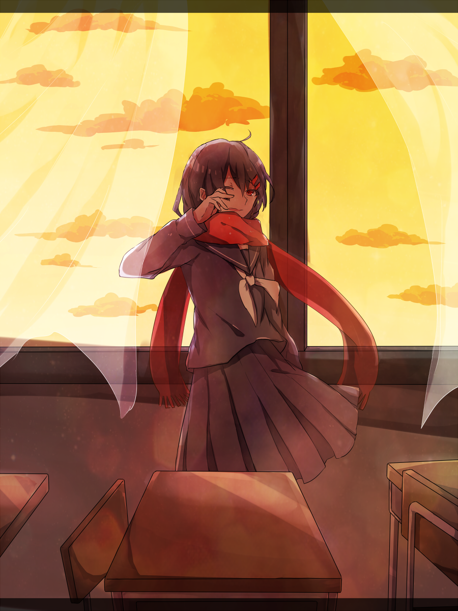 1girl black_hair chair desk female_focus finger_to_face hair_ornament hairclip highres kagerou_project loss_time_memory_(vocaloid) one_eye_closed parted_lips red_eyes red_scarf ringomaru scarf school_desk school_uniform serafuku smile solo tateyama_ayano twilight vocaloid window