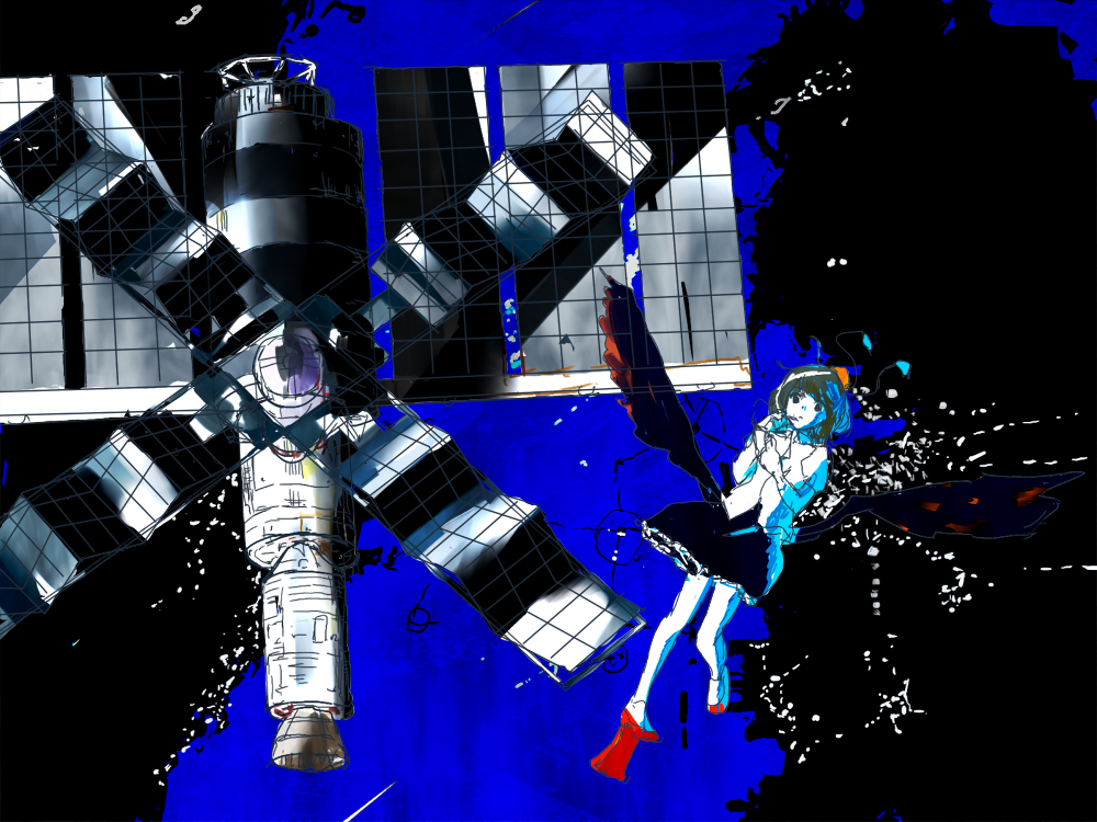 1girl bad_id bad_pixiv_id black_hair black_wings expressionless female_focus geta hat kai_(kai_013) looking_away satellite shameimaru_aya short_hair skylab solo space tengu-geta tokin_hat touhou wings