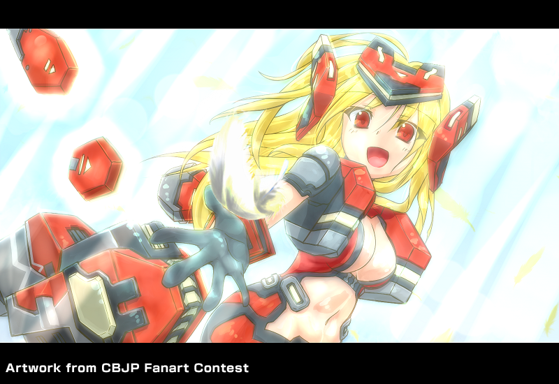 1girl armor blonde_hair breasts cleavage cosmic_break crimrose female_focus letterboxed mecha_musume midriff non-web_source reaching reaching_towards_viewer red_eyes seraph_crimrose shiragi_kuroba smile solo