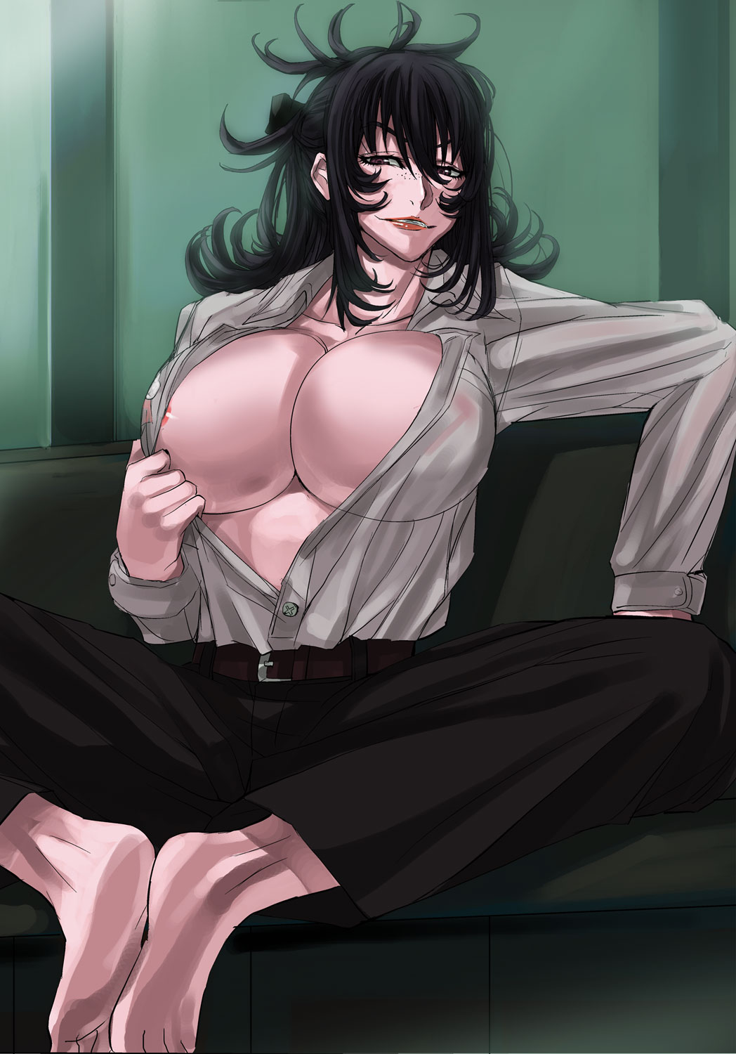 00s 1girl breasts bursting_breasts cleavage feet female_focus freckles fura hamutz_meseta highres huge_breasts large_breasts open_clothes open_shirt shirt solo tatakau_shisho