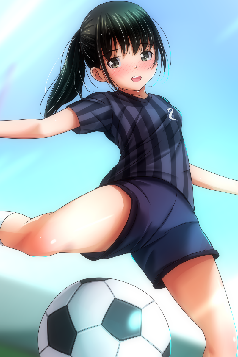 1girl 2025 20s animal_print ball black_hair black_shirt black_shorts blush breasts brown_eyes chinese_zodiac cloud collarbone happy_new_year kicking long_hair looking_at_viewer matsunaga_kouyou new_year open_mouth original ponytail print_shirt running shirt short_sleeves shorts sky small_breasts smile snake_print soccer soccer_ball soccer_uniform socks sportswear striped_clothes striped_shirt sweat white_socks year_of_the_snake