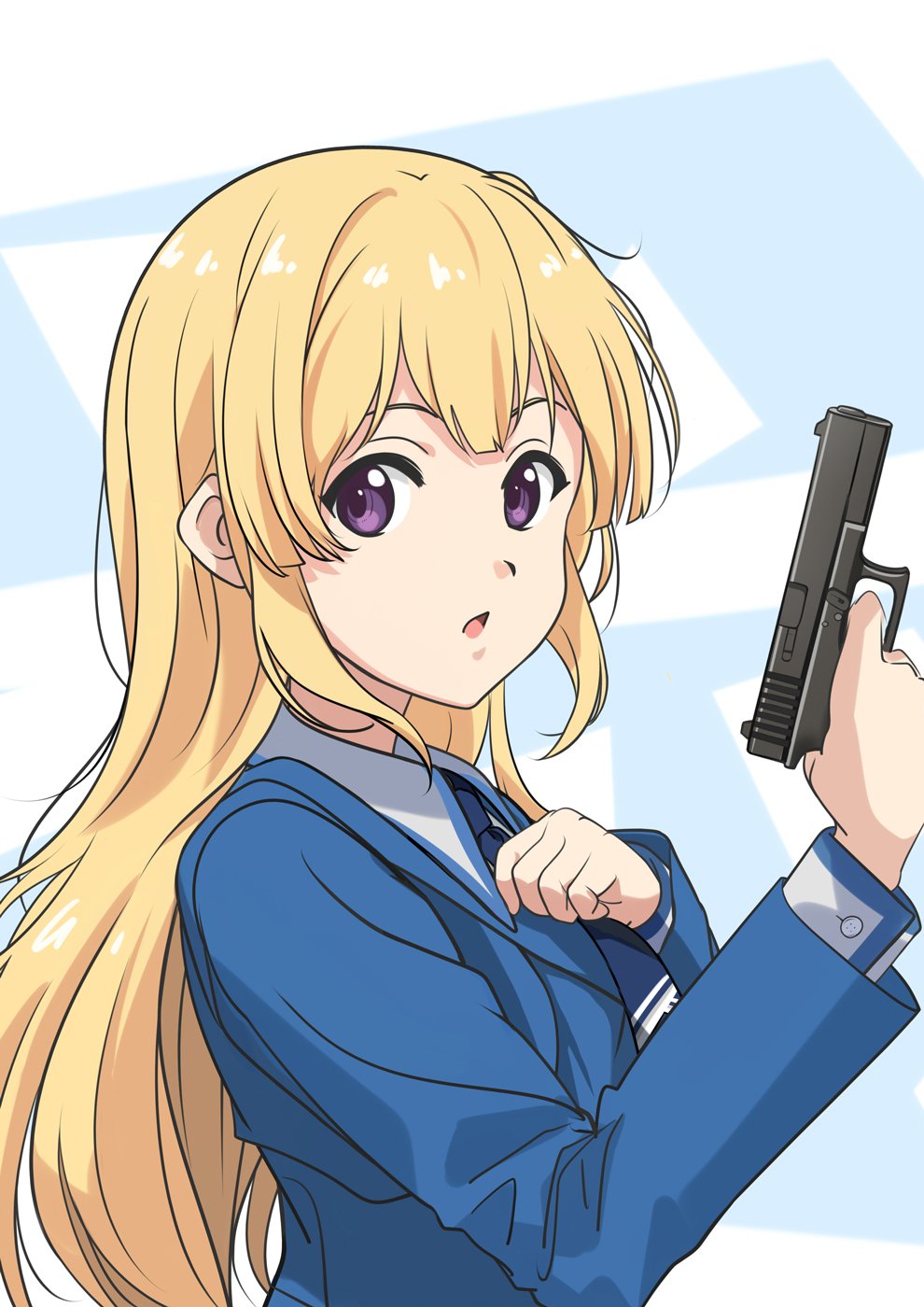 1girl 22/7 blonde_hair blue_dress blue_necktie collared_shirt dress from_side fujima_sakura glock gun hand_on_own_chest handgun highres holding holding_gun holding_weapon long_hair long_sleeves looking_to_the_side matsubokkurin227 necktie open_mouth purple_eyes shirt solo two-tone_background upper_body weapon