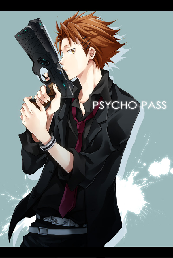 10s 1boy bracelet brown_eyes brown_hair copyright_name cowboy_shot finger_on_trigger gun hair_ornament hairclip jewelry kagari_shuusei kubyou_azami letterboxed male_focus necktie psycho-pass red_necktie solo weapon