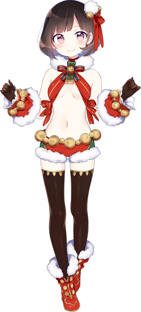 1girl artwhirl_mahou_gakuen_no_otome-tachi black_gloves blush breasts brown_hair cleavage closed_mouth full_body fur-trimmed_footwear fur-trimmed_shorts fur_trim gloves hair_ribbon kiya_machi looking_at_viewer medium_hair midriff mikan_(artwhirl) navel pink_eyes red_footwear red_ribbon red_shorts ribbon short_shorts shorts small_breasts smile solo standing stomach thighhighs transparent_background zettai_ryouiki