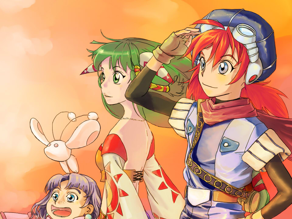 1boy 2girls bare_shoulders breasts dress feena_(grandia) freckles grandia grandia_i green_hair hair_ornament hair_tubes jewelry justin_(grandia) layered_sleeves long_hair low-tied_long_hair multiple_girls purple_hair puui_(grandia) rionn short_hair skirt smile sue_(grandia) thighhighs