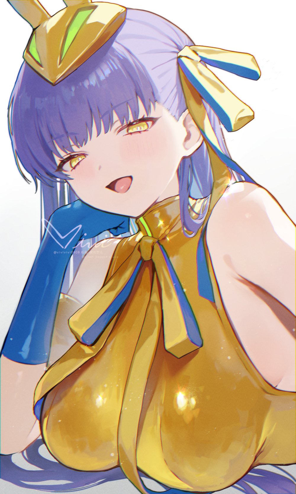 1girl animal_ears animal_hat bare_shoulders bb_(fate) blue_gloves blush breasts elbow_gloves fate/grand_order fate_(series) gloves gold_leotard gold_ribbon golden_bb_(fate) hair_ribbon hat highres large_breasts leotard long_hair looking_at_viewer lying neck_ribbon on_stomach open_mouth purple_hair rabbit_ears rabbit_hat ribbon siiqa_vivi smile solo very_long_hair yellow_eyes