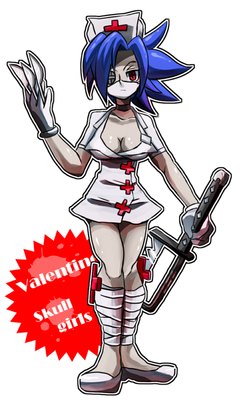 blood blue_hair bonesaw breasts cleavage gloves hat image_sample large_breasts mask mouth_mask nurse nurse_cap pixiv_sample red_eyes saw skullgirls surgical_mask symbol-shaped_pupils valentine_(skullgirls)