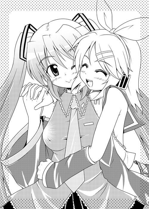 2girls blush breasts covered_erect_nipples closed_eyes greyscale hatsune_miku hug kagamine_rin long_hair medium_breasts monochrome multiple_girls naegi_(naegidokoro) nibiqn one_eye_closed smile very_long_hair vocaloid wink