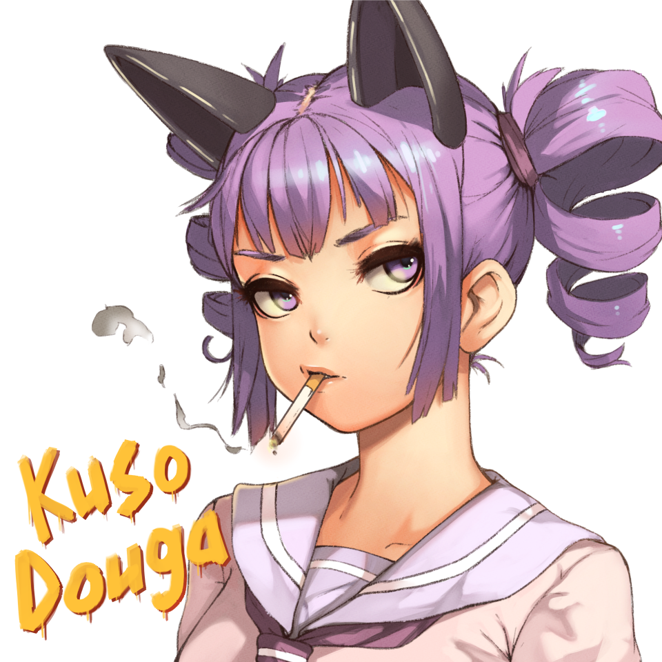 1girl animal_ears cat_ears cigarette drill_hair grey_shirt looking_at_viewer medium_hair necktie otachan purple_eyes purple_sailor_collar red_necktie sailor_collar school_uniform serafuku shirt simple_background smoke smoking solo the_otachan_show twin_drills upper_body vins-mousseux white_background