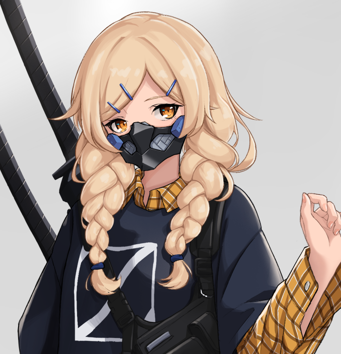 1girl armor blonde_hair braid checkered_clothes checkered_shirt hair_ornament hairclip japanese_armor katana long_hair looking_at_viewer mask menpoo orange_eyes original shirt simple_background solo sword t-naka-s-12 weapon