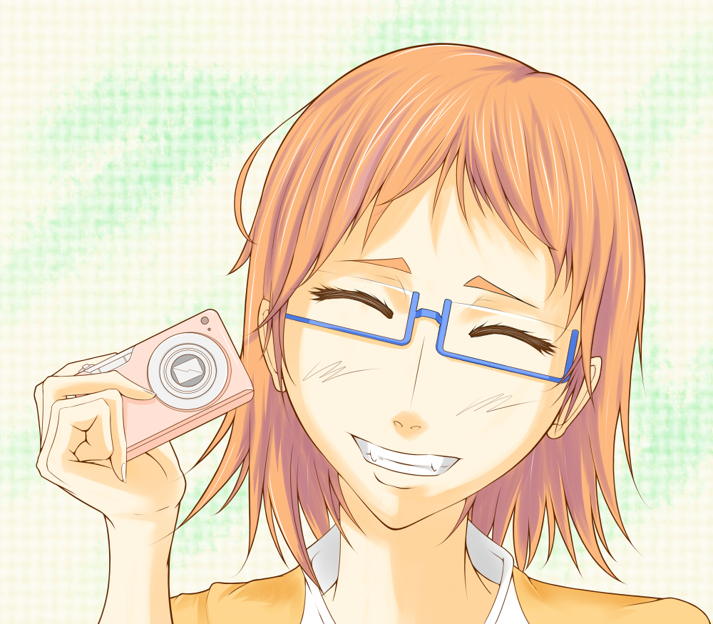 1girl akemi_mikan camera closed_eyes facing_viewer glasses grin jitsu_wa_watashi_wa mikan_akemi orange_hair portrait semi-rimless_eyewear smile solo vela