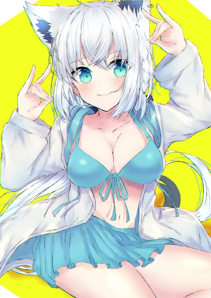 1girl ahoge animal_ears bikini bikini_skirt blue_bikini blush braid breasts cleavage collarbone commentary double_fox_shadow_puppet earrings fox_ears fox_girl fox_shadow_puppet fox_tail green_eyes hair_between_eyes hololive hood hoodie jewelry karappo_(poket12) long_hair looking_at_viewer medium_breasts navel open_clothes open_hoodie shirakami_fubuki shirakami_fubuki_(hololive_summer_2019) sidelocks single_braid sitting smile solo swimsuit tail virtual_youtuber white_hair white_hoodie