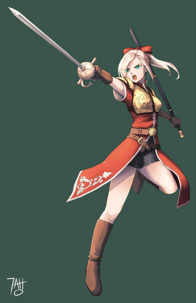 1girl black_skirt blonde_hair boots bow brown_gloves chest_armor commentary dragon_quest dragon_quest_heroes english_commentary floating_clothes floating_hair full_body gloves green_background green_eyes hair_bow holding holding_sheath holding_sword holding_weapon leg_up meer_(dqh) nathan_stefv open_mouth pointing_melee_weapon pointing_sword ponytail rapier red_bow scabbard sheath signature skirt solo sword weapon