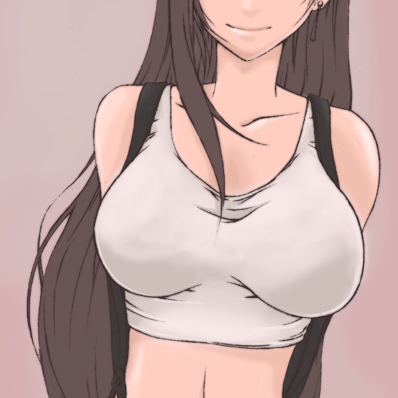 1990s_(style) 1girl arms_behind_back breasts brown_hair female_focus final_fantasy final_fantasy_vii kuzumin long_hair midriff retro_artstyle simple_background solo suspenders tank_top tifa_lockhart