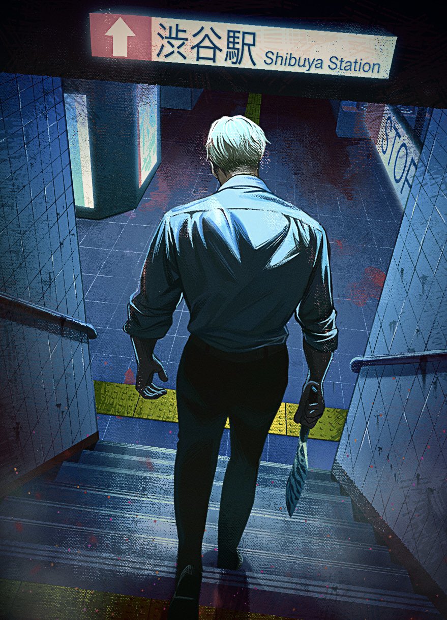 1boy blonde_hair blue_shirt collared_shirt commentary dress_pants english_commentary highres holding holding_weapon itsiitsubox jujutsu_kaisen male_focus nanami_kento pants shirt short_hair sign sleeves_rolled_up stairs subway subway_station tactile_paving tile_floor tile_wall tiles underground weapon