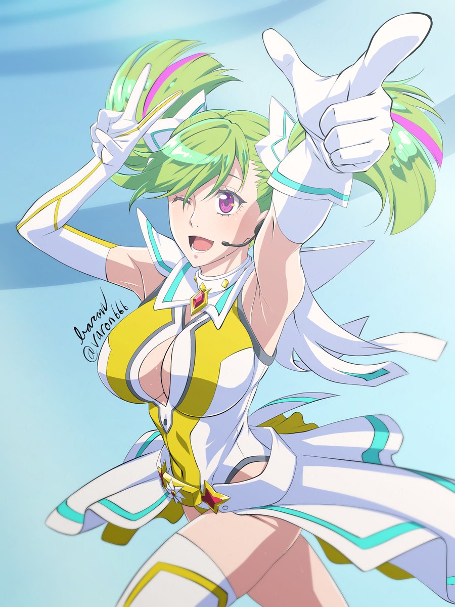 1girl ;d armpits arms_up artist_name baron_(varon666) belt breasts capelet cleavage_cutout clothing_cutout covered_navel fuuto_tantei green_hair hair_between_eyes headset highres idol index_finger_raised kazamatsuri_megu large_breasts leotard multicolored_hair multicolored_leotard one_eye_closed open_mouth pointing purple_eyes purple_hair shoulder_pads shuriken_hair_ornament signature skirt smile solo streaked_hair twintails twitter_username two-tone_hair two-tone_leotard v white_capelet white_leotard white_skirt yellow_leotard