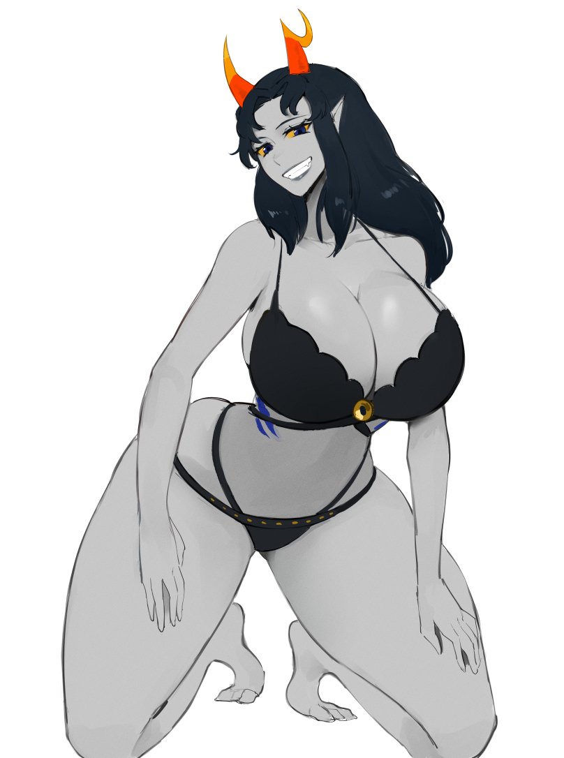 1girl asymmetrical_horns bad_id bad_twitter_id black_bra black_hair black_panties blue_eyes bra breasts chabyr_scylah_(yaridovich23) colored_sclera colored_skin commission curvy grey_skin grin hair_between_eyes hand_on_own_thigh homestuck horns huge_breasts kisou_(kisou00) long_hair looking_at_viewer narrow_waist original panties pointy_ears simple_background smile thick_thighs thighs underwear white_background wide_hips yellow_sclera