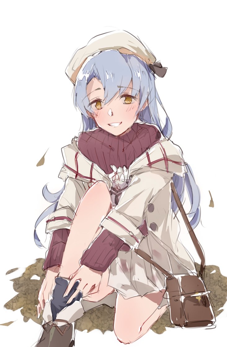 1girl beret black_socks blush granblue_fantasy grey_hair hat jacket kneeling kyou_039 long_hair looking_at_viewer sitting smile socks solo sophia_(granblue_fantasy) sweater twintails twitter