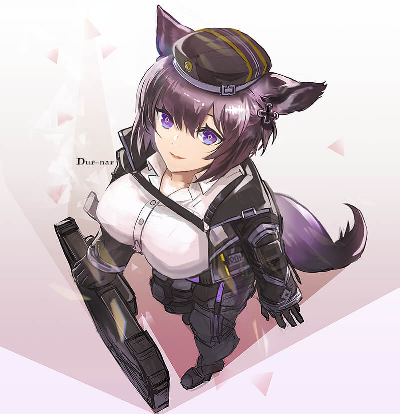 animal_ears arknights baggy_clothes baggy_pants breasts chest_strap dur-nar_(arknights) fox_ears fox_tail gloves hat jacket large_breasts pants purple_eyes purple_hair shield tail