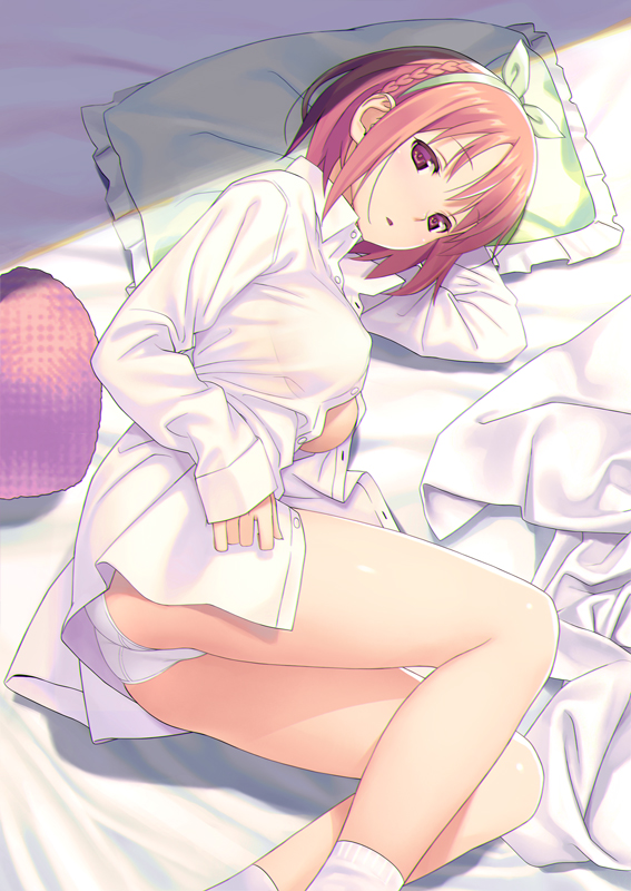 1girl ass bow bow_hairband braid brown_eyes collared_shirt commentary_request frilled_pillow frills from_side green_bow green_hairband hairband indoors koutaro legs long_sleeves looking_at_viewer lying on_side original panties pillow pink_hair shirt short_hair sleeves_past_wrists solo thighs underwear white_panties white_shirt