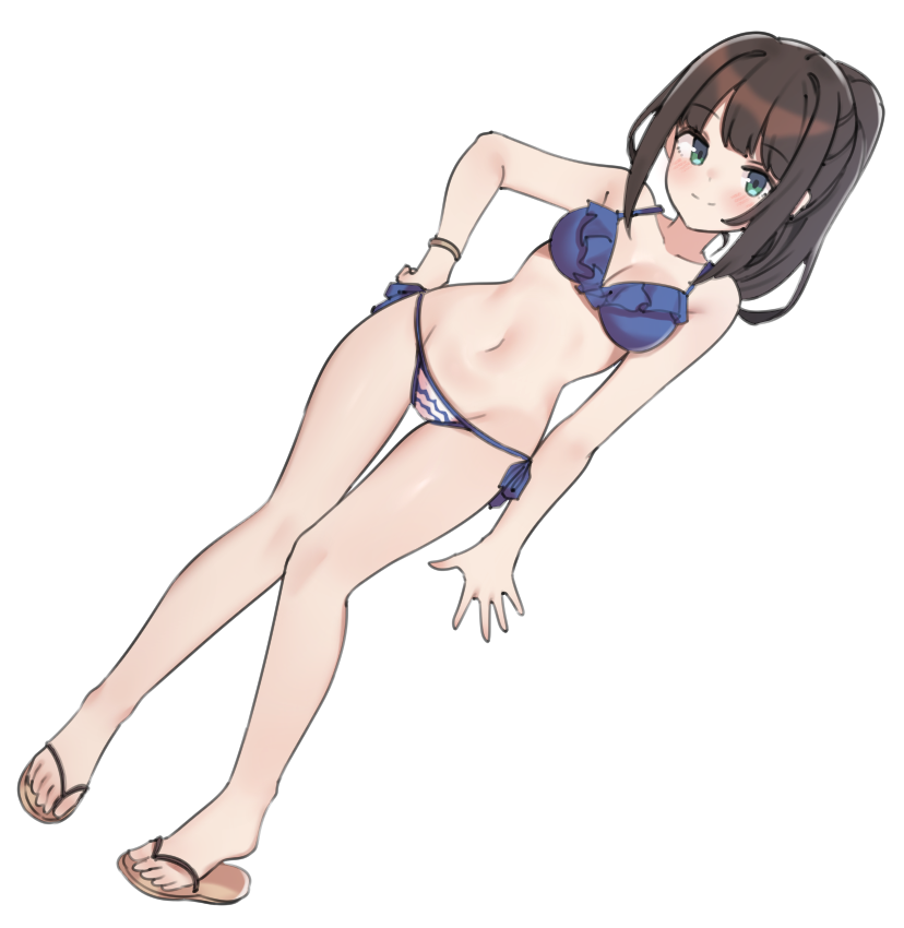 aa211108 alternate_hairstyle aqua_eyes bare_shoulders bikini black_hair blush breasts cleavage closed_mouth collarbone dot_nose dutch_angle flip-flops frilled_bikini frills full_body groin hand_on_own_hip idolmaster idolmaster_cinderella_girls idolmaster_cinderella_girls_starlight_stage light_smile looking_at_viewer medium_breasts medium_hair navel open_hand ponytail sandals shibuya_rin side-tie_bikini_bottom sidelocks simple_background standing swimsuit white_background wristband