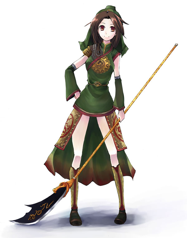 1girl armor boots brown_hair detached_sleeves female_focus full_body genderswap genderswap_(mtf) gin&#039;ichi_(akacia) ginichi glaive_(polearm) green_skirt guan_dao guan_yu legs_apart naginata polearm sankoku shin_sangoku_musou skirt solo standing weapon white_background