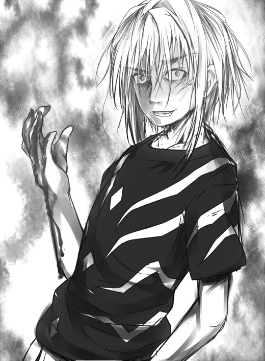 1boy accelerator_(toaru_majutsu_no_index) albino bare_arms black_shirt blood blood_on_arm blood_on_hands clenched_teeth commentary_request from_side greyscale hair_between_eyes hand_up long_bangs looking_at_viewer medium_hair messy_hair monochrome shin_(highest1192) shirt short_sleeves solo teeth toaru_majutsu_no_index upper_body white_hair